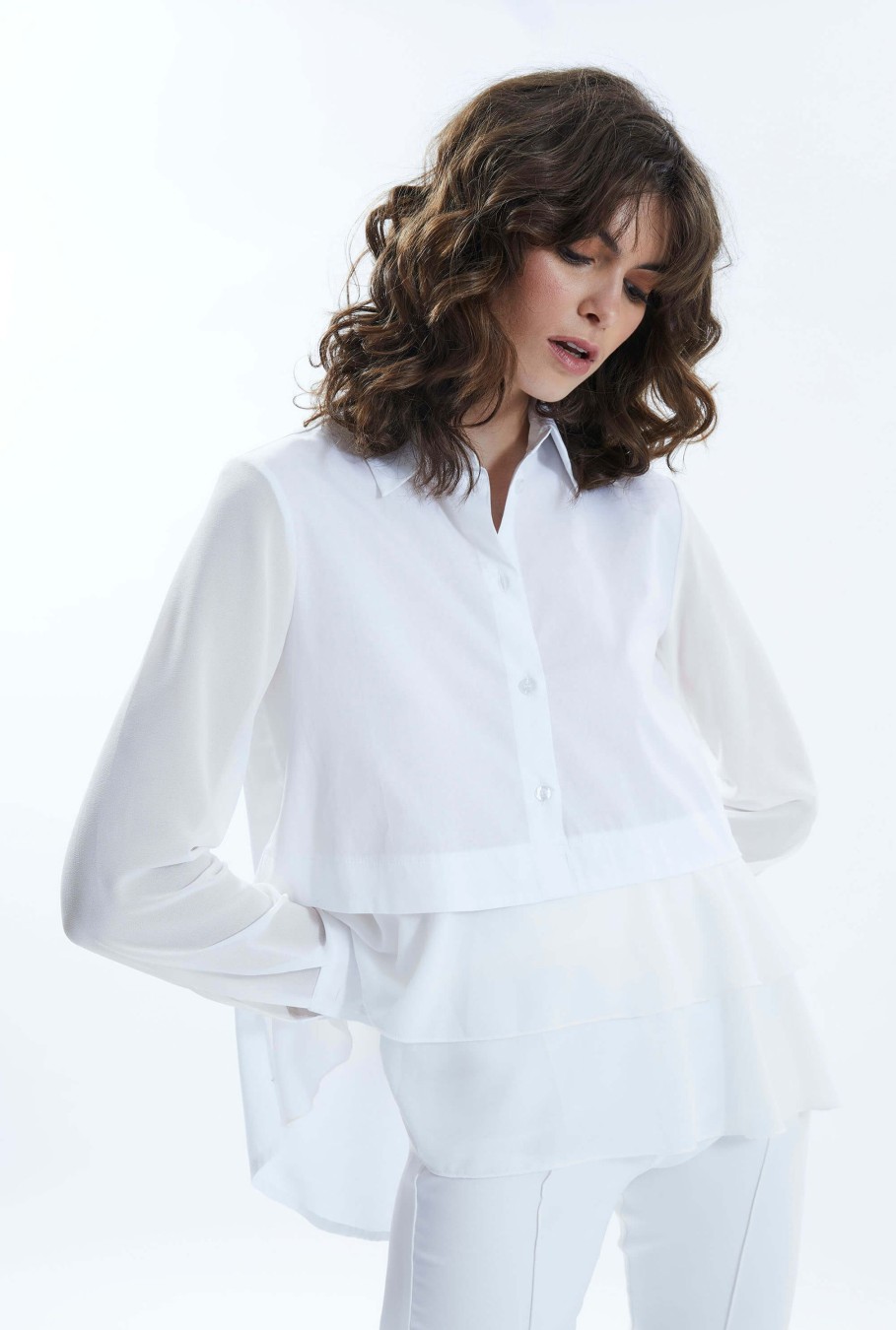 James Lakeland Tops & Knitwear | Sheer Sleeve Ruffle Shirt White