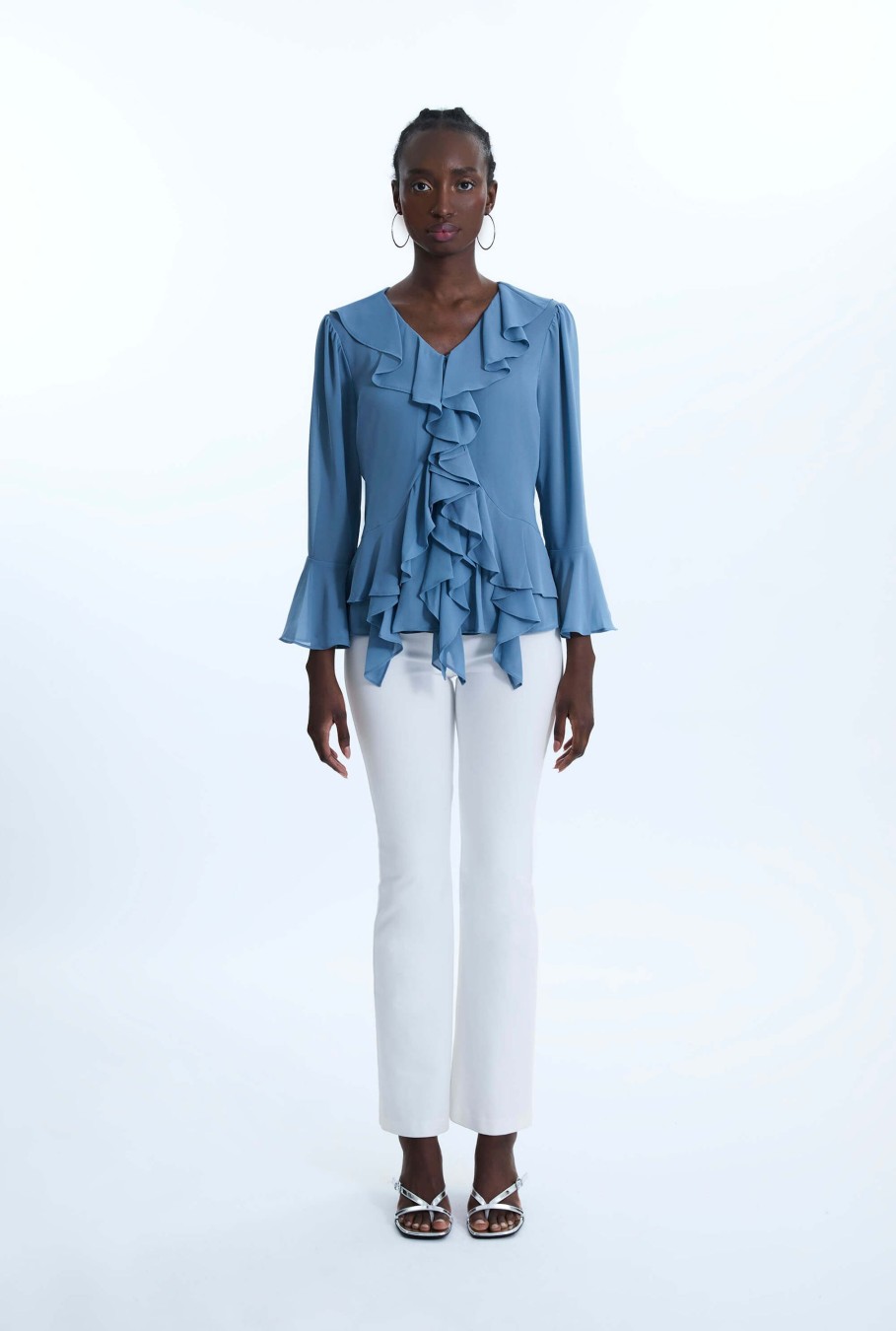 James Lakeland Tops & Knitwear | V-Neck Chiffon Ruffle Blouse Denim