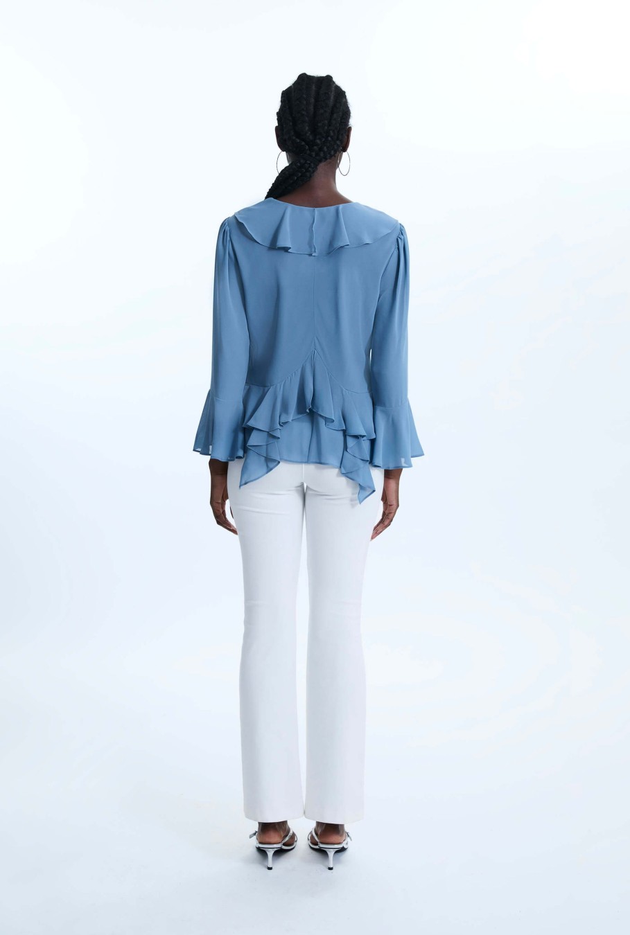 James Lakeland Tops & Knitwear | V-Neck Chiffon Ruffle Blouse Denim