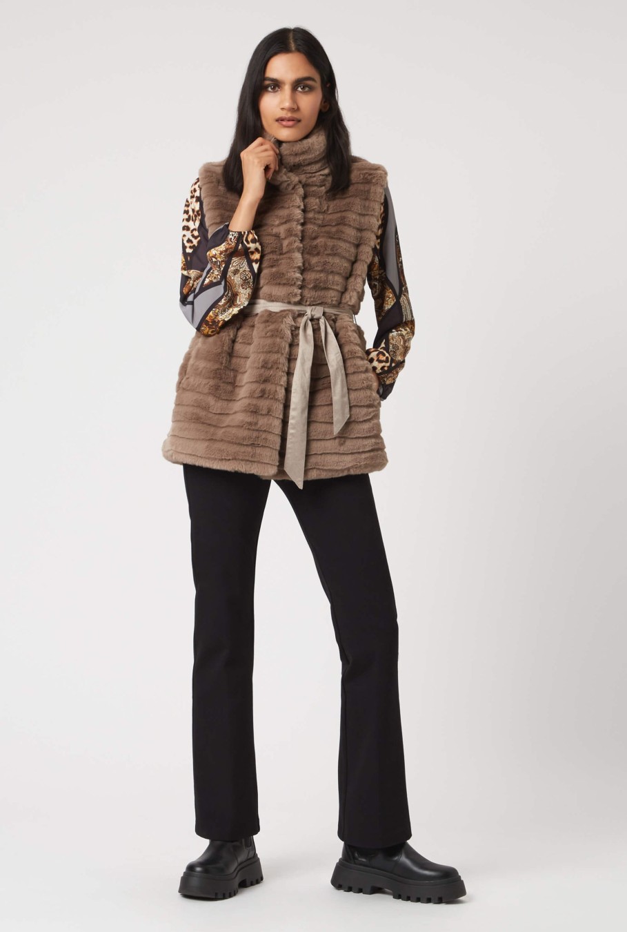 James Lakeland Coats & Jackets | Ribbed Faux Fur Gilet With Belt Taupe