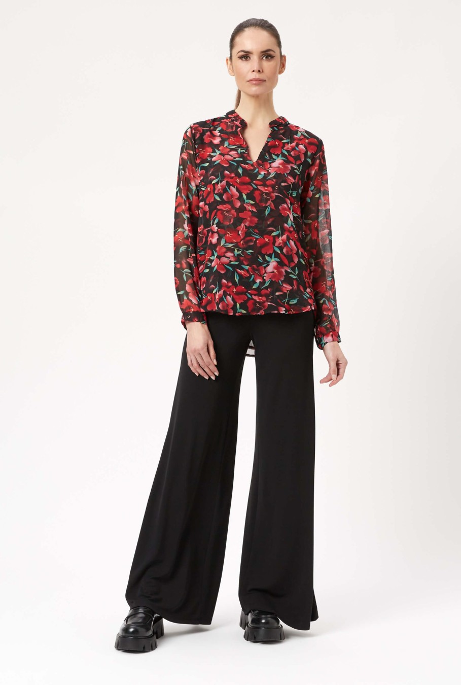 James Lakeland Tops & Knitwear | Flower Print Mandarin Collar Blouse In Black-Red