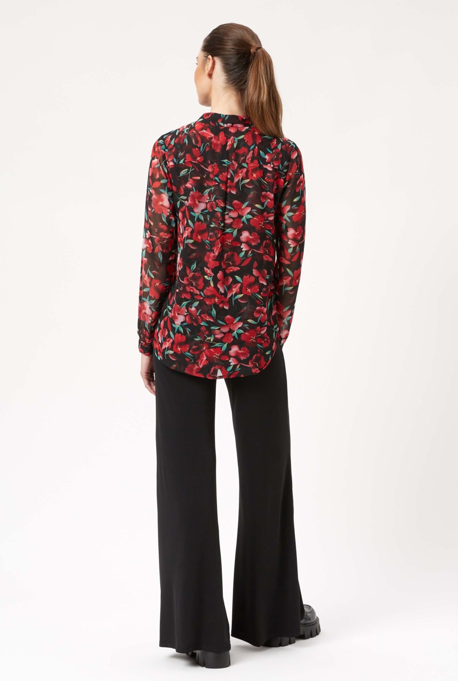 James Lakeland Tops & Knitwear | Flower Print Mandarin Collar Blouse In Black-Red