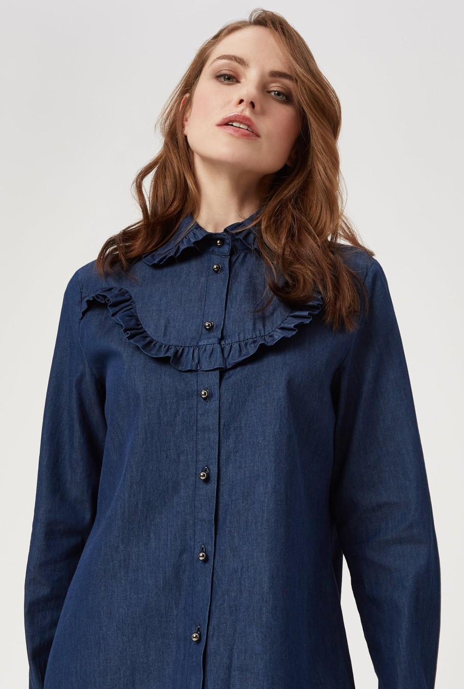 James Lakeland Tops & Knitwear | Denim Poplin Ruffle Shirt