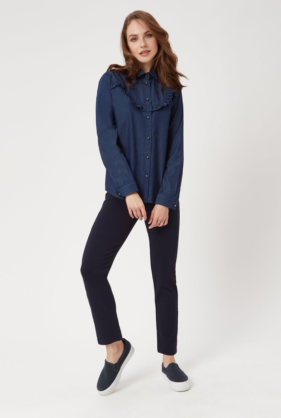 James Lakeland Tops & Knitwear | Denim Poplin Ruffle Shirt