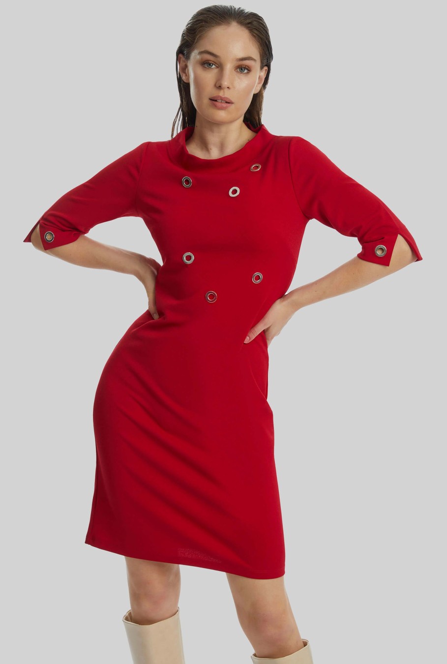 James Lakeland Dresses | Eyelet High Collar Dress Red