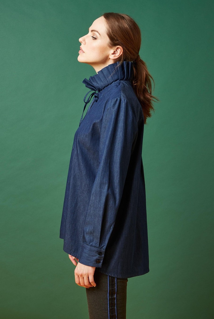 James Lakeland Tops & Knitwear | Poplin Ruffle Collar Denim Shirt