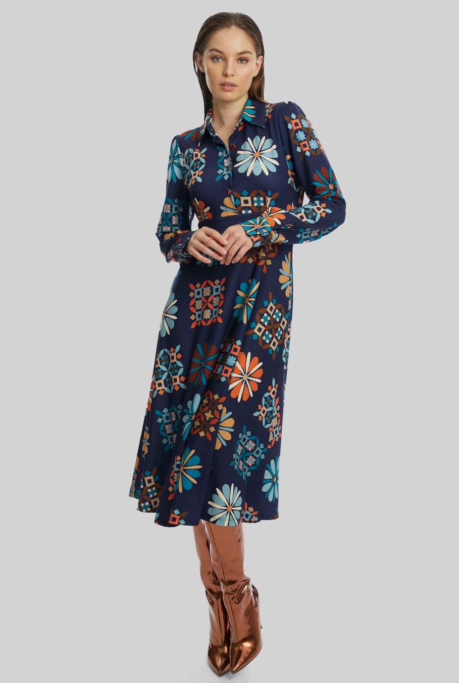 James Lakeland Dresses | Jewelled Button Print Midi Dress Navy