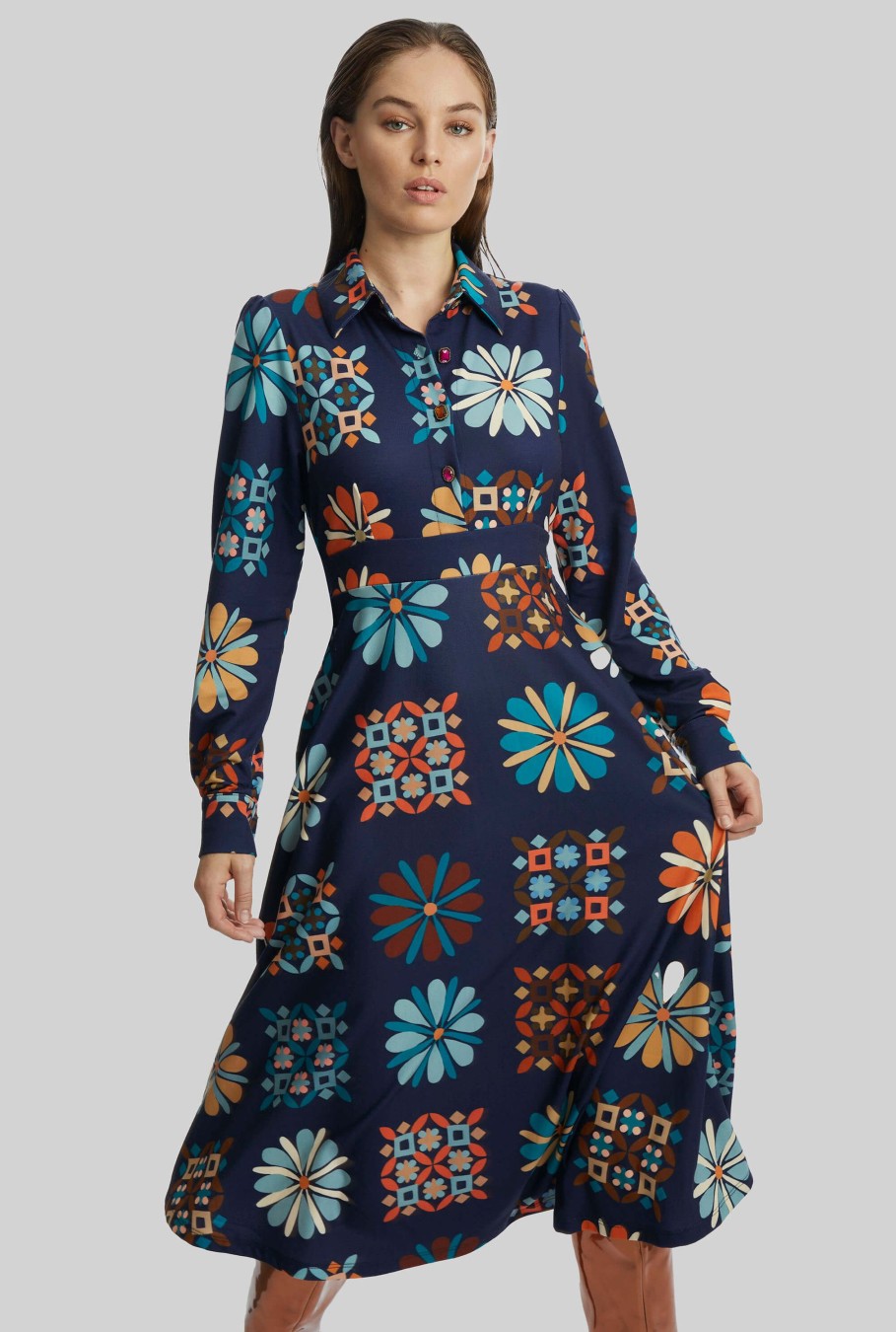 James Lakeland Dresses | Jewelled Button Print Midi Dress Navy