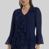 James Lakeland Tops & Knitwear | V-Neck Chiffon Ruffle Blouse In Navy