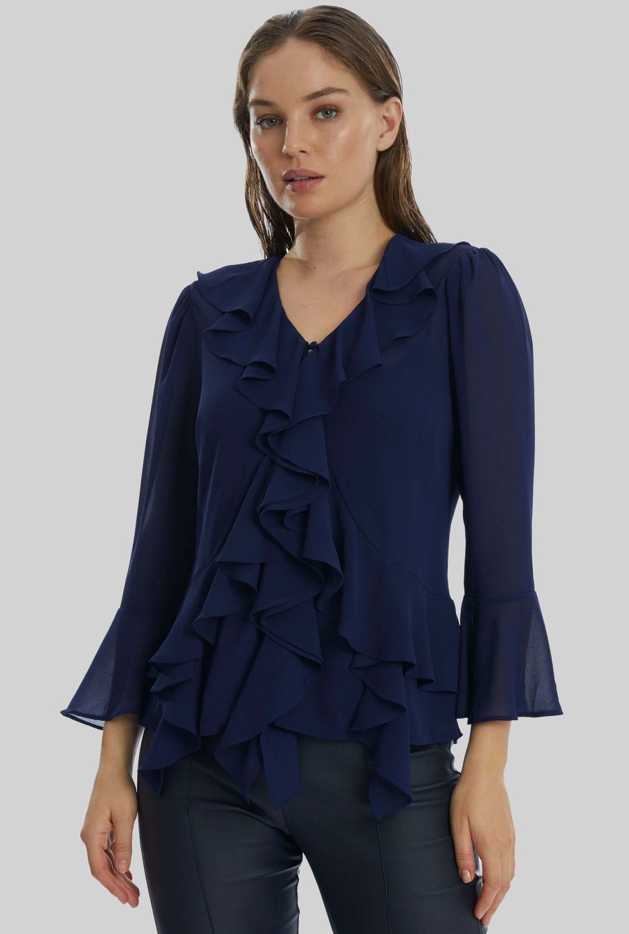 James Lakeland Tops & Knitwear | V-Neck Chiffon Ruffle Blouse In Navy