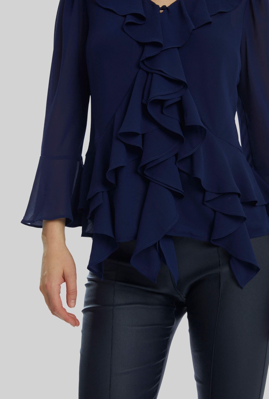 James Lakeland Tops & Knitwear | V-Neck Chiffon Ruffle Blouse In Navy