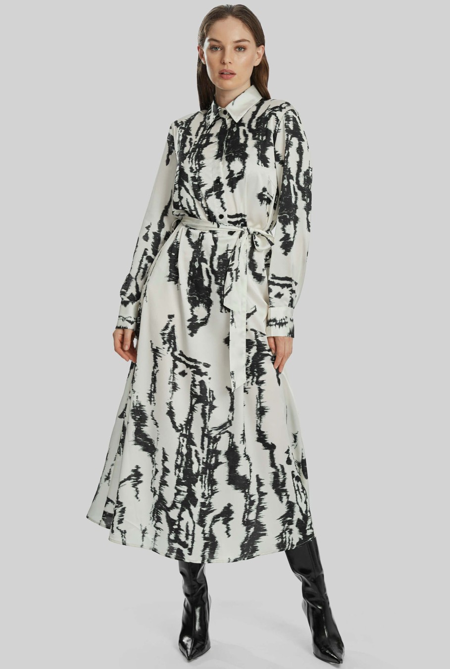 James Lakeland Dresses | Tie Dye Satin Belted Midi Dress In Black-White