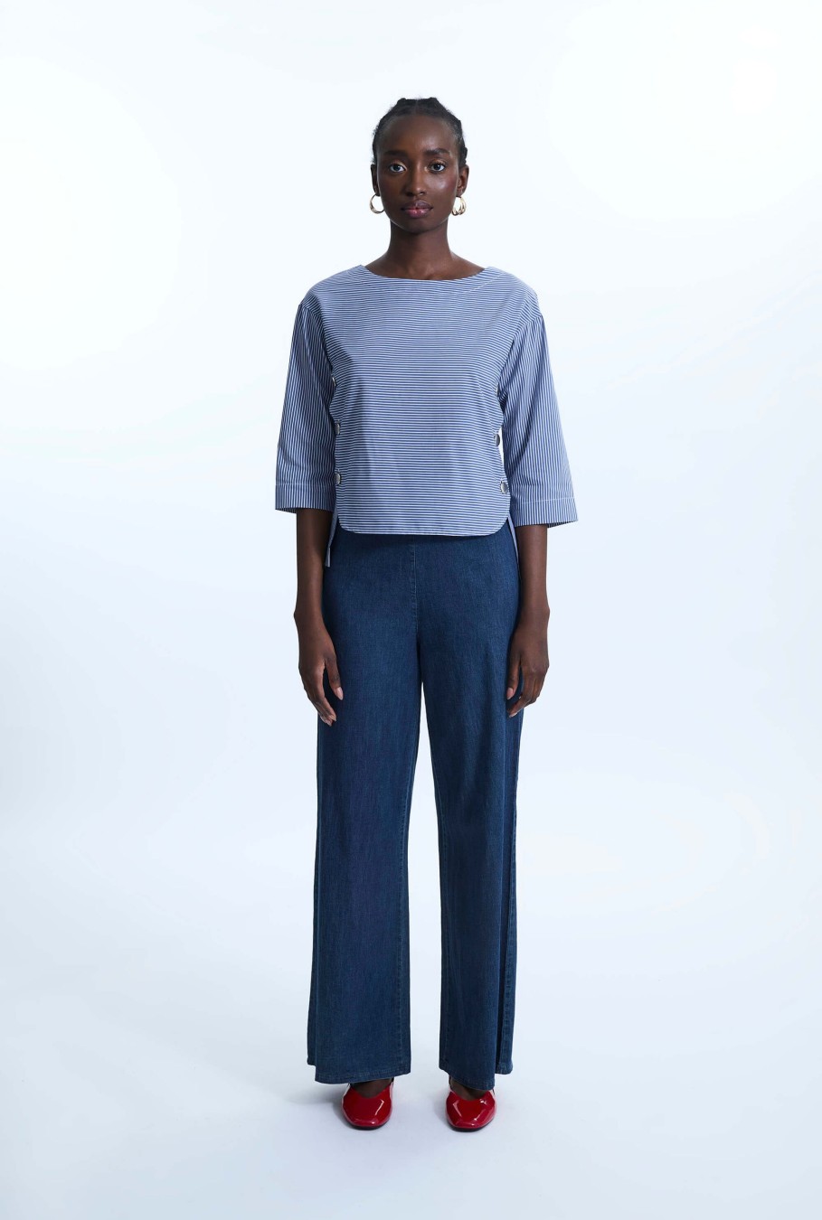 James Lakeland Tops & Knitwear | Side Button Top White-Navy