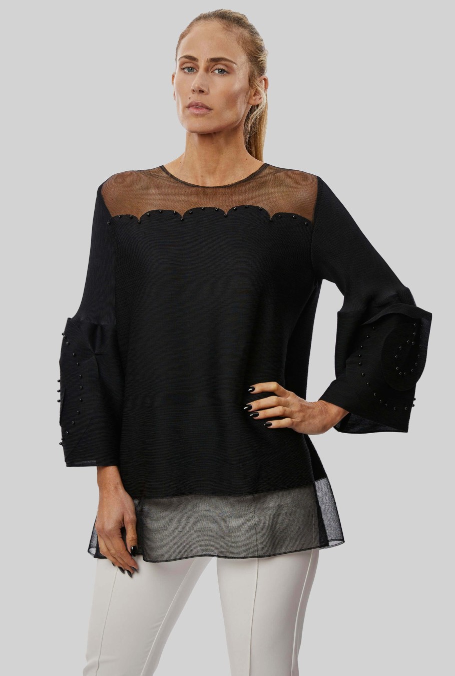 James Lakeland Tops & Knitwear | Rose Detail Sleeves Pleated Top In Black