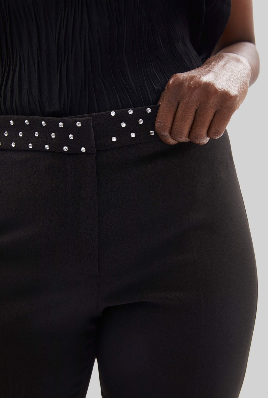 James Lakeland Trousers | Rhinestone Waist Pin Tuck Trousers Black