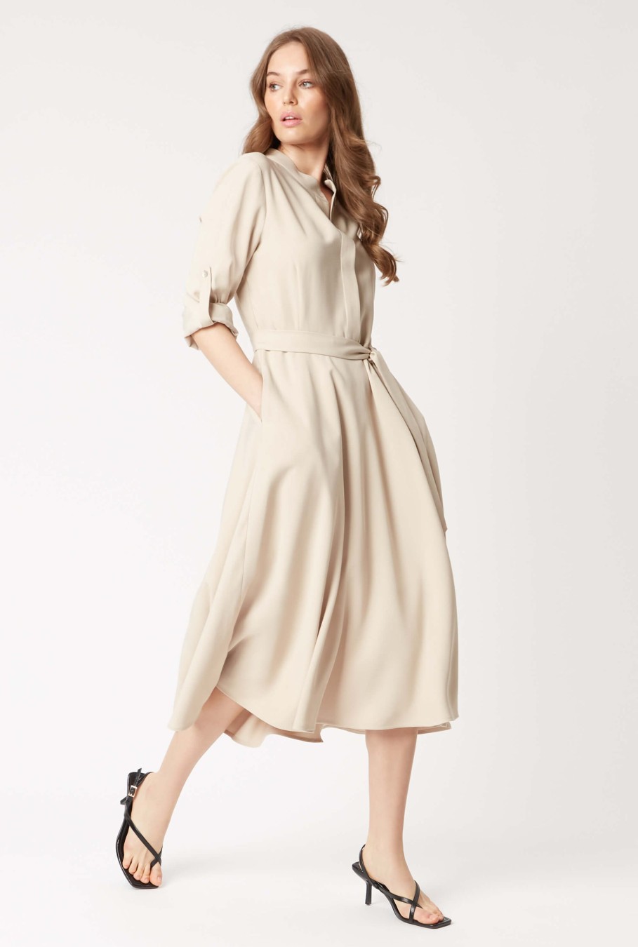 James Lakeland Dresses | Roll Sleeve Midi Dress Beige