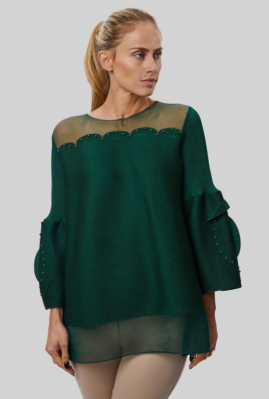 James Lakeland Tops & Knitwear | Rose Detail Sleeves Pleated Top In Green