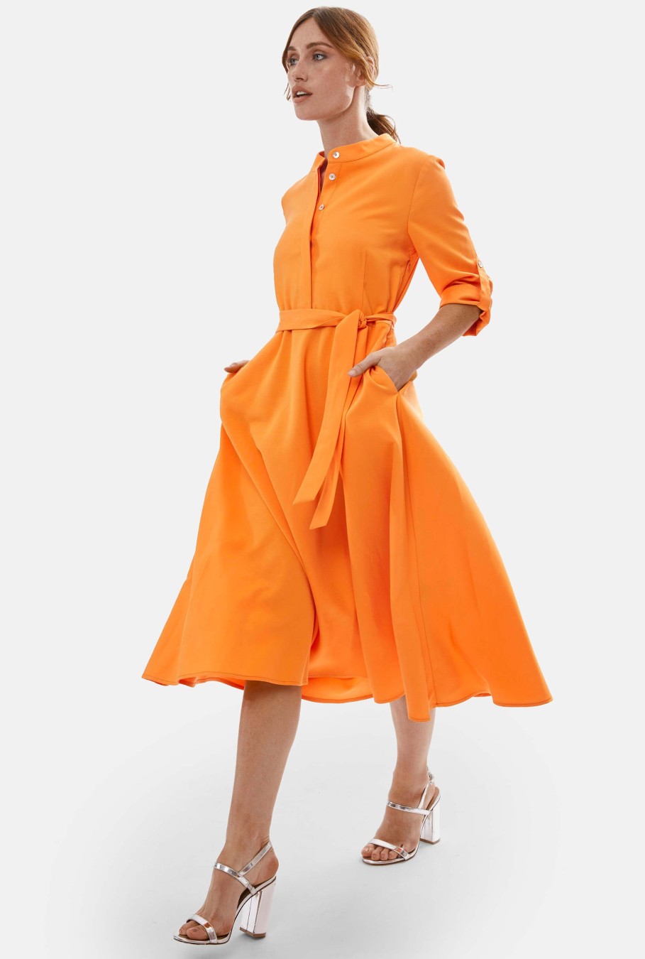 James Lakeland Dresses | Roll Sleeve Midi Dress Orange