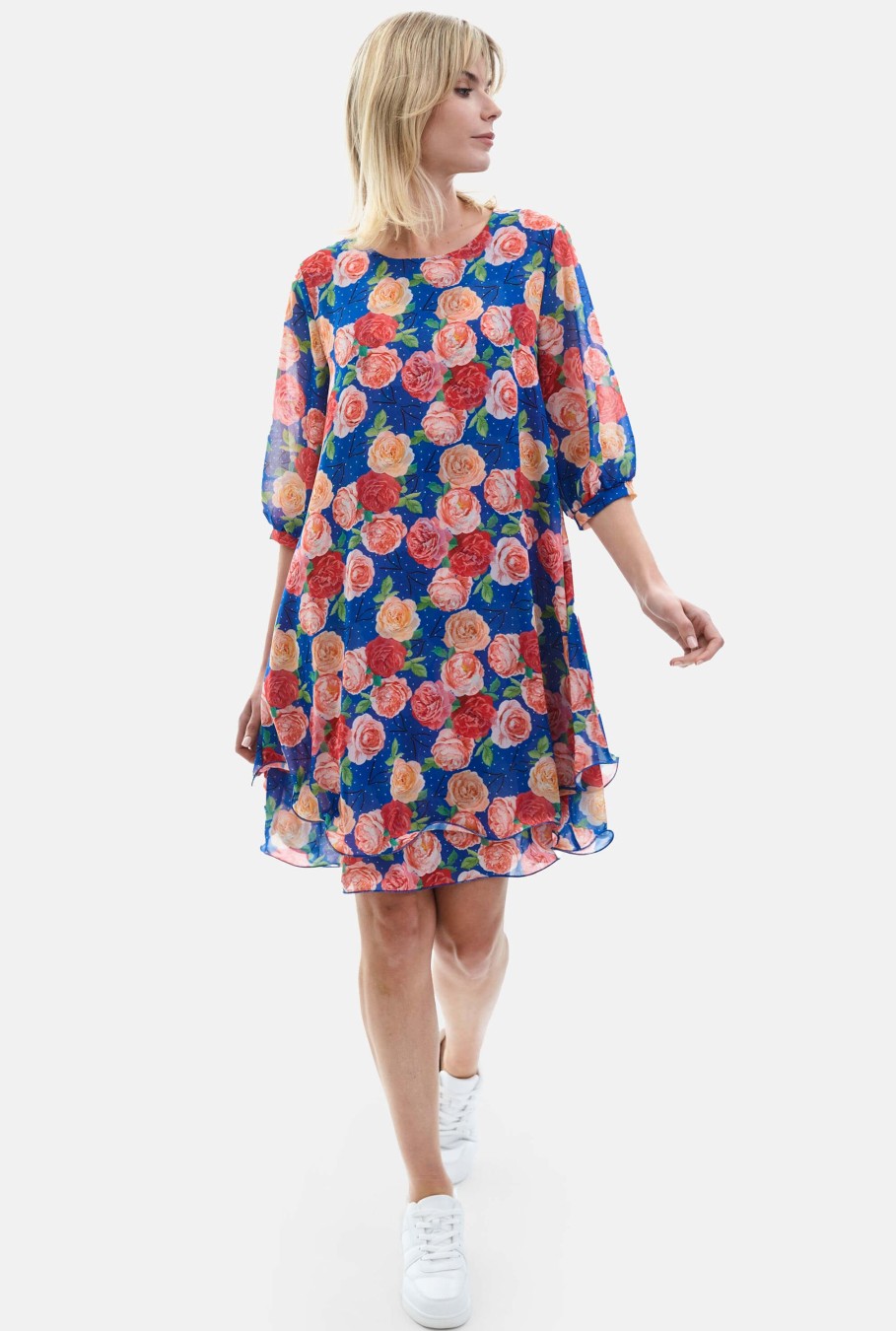 James Lakeland Dresses | Rose Print Wave Hem Dress Royal