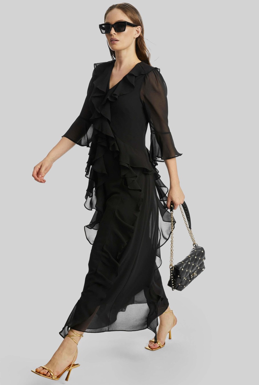 James Lakeland Dresses | V-Neck Chiffon Ruffle Dress In Black