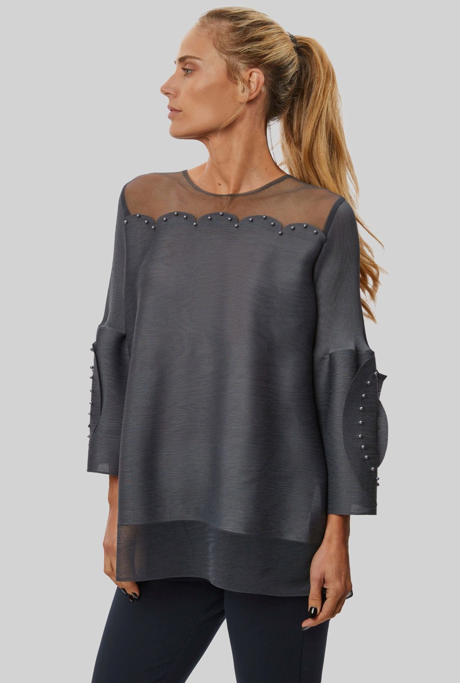 James Lakeland Tops & Knitwear | Rose Detail Sleeves Pleated Top In Charcoal