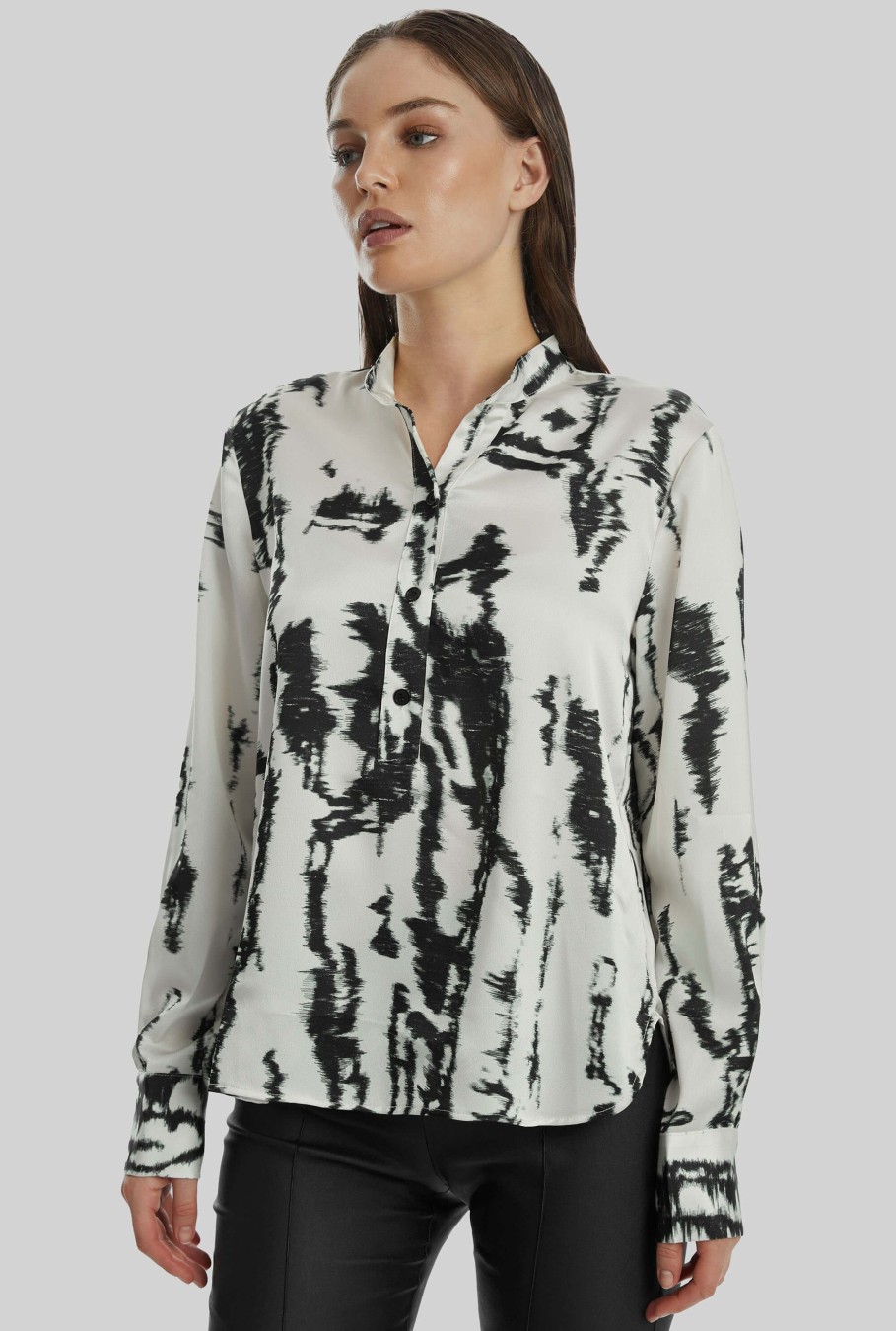 James Lakeland Tops & Knitwear | Tie Dye Satin Mandarin Collar Blouse In Black-White