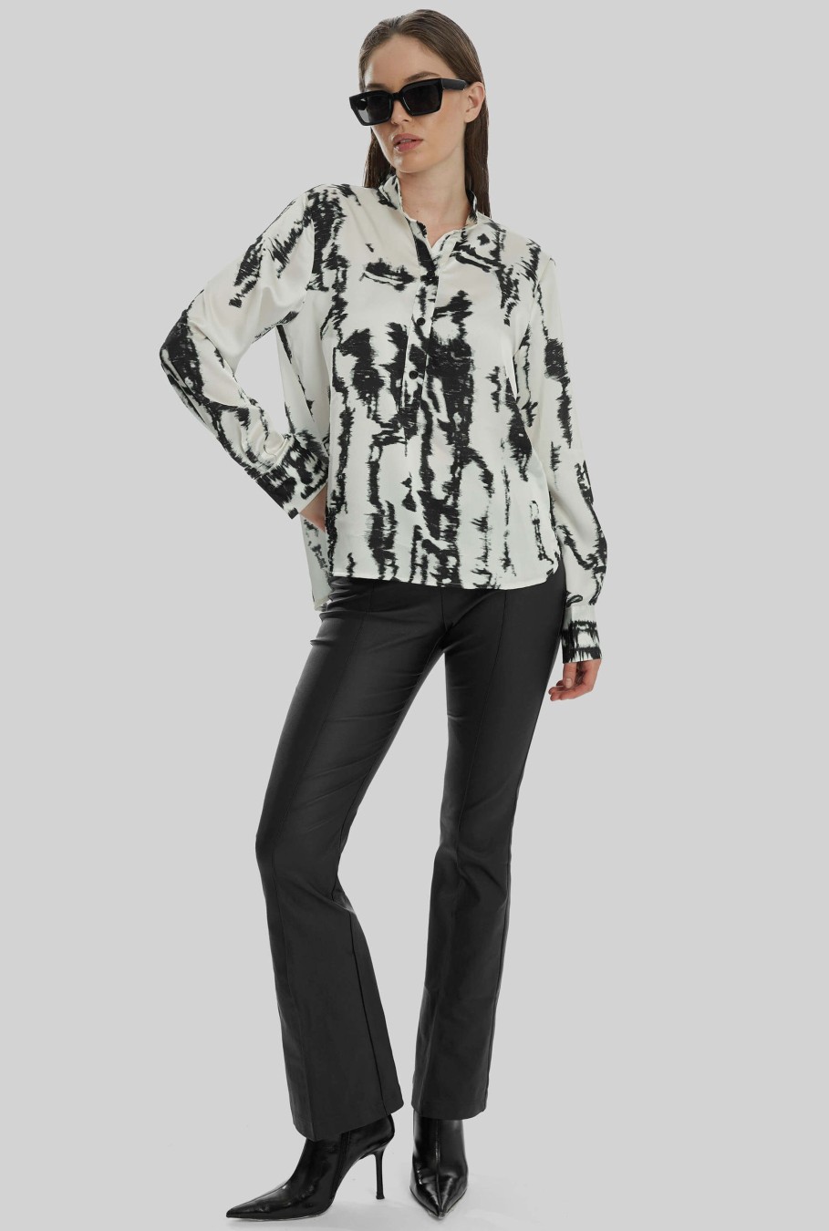 James Lakeland Tops & Knitwear | Tie Dye Satin Mandarin Collar Blouse In Black-White