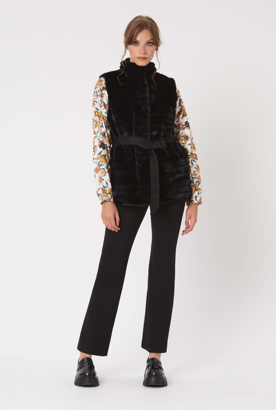 James Lakeland Coats & Jackets | Ribbed Faux Fur Gilet With Belt Black