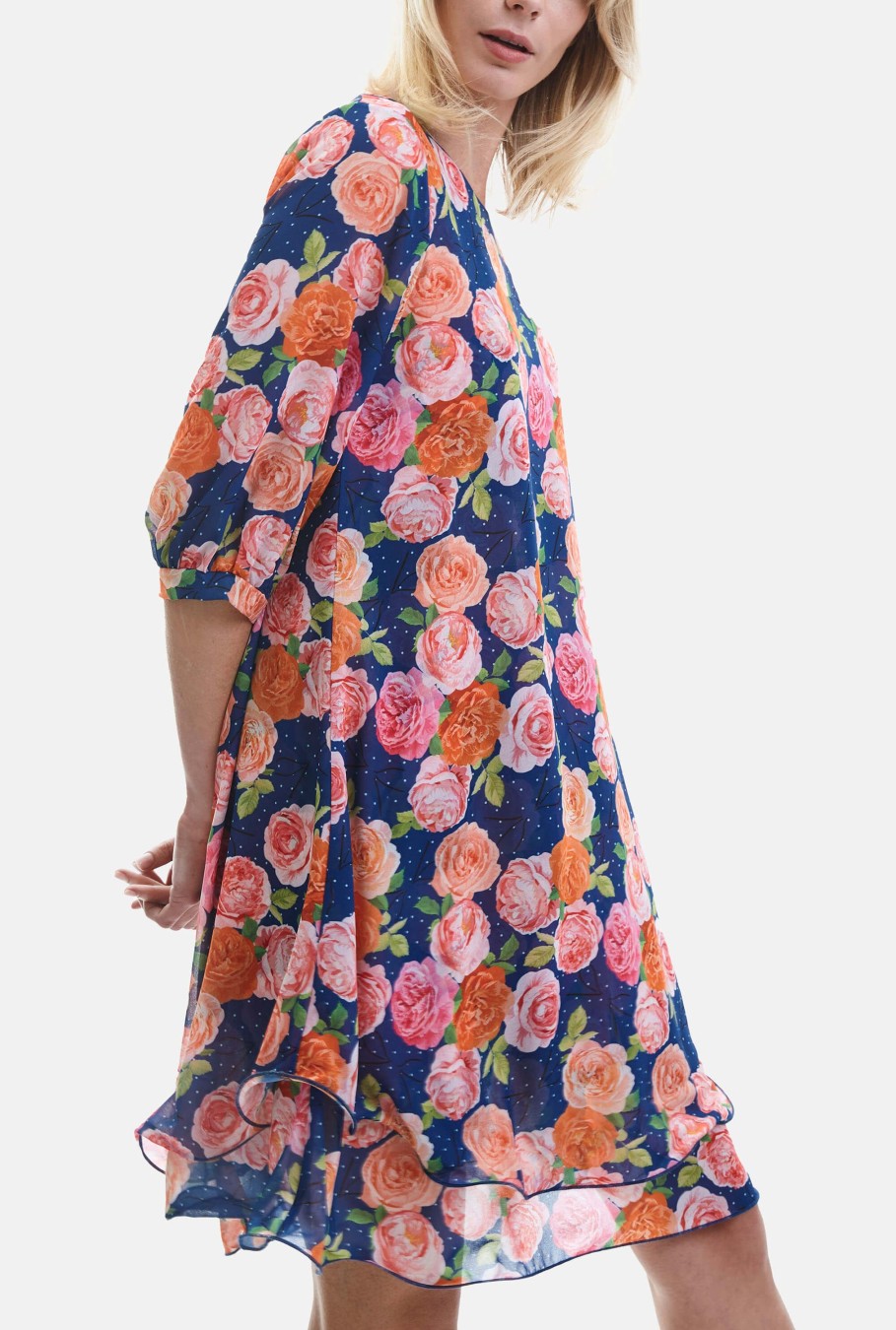 James Lakeland Dresses | Rose Print Wave Hem Dress Navy