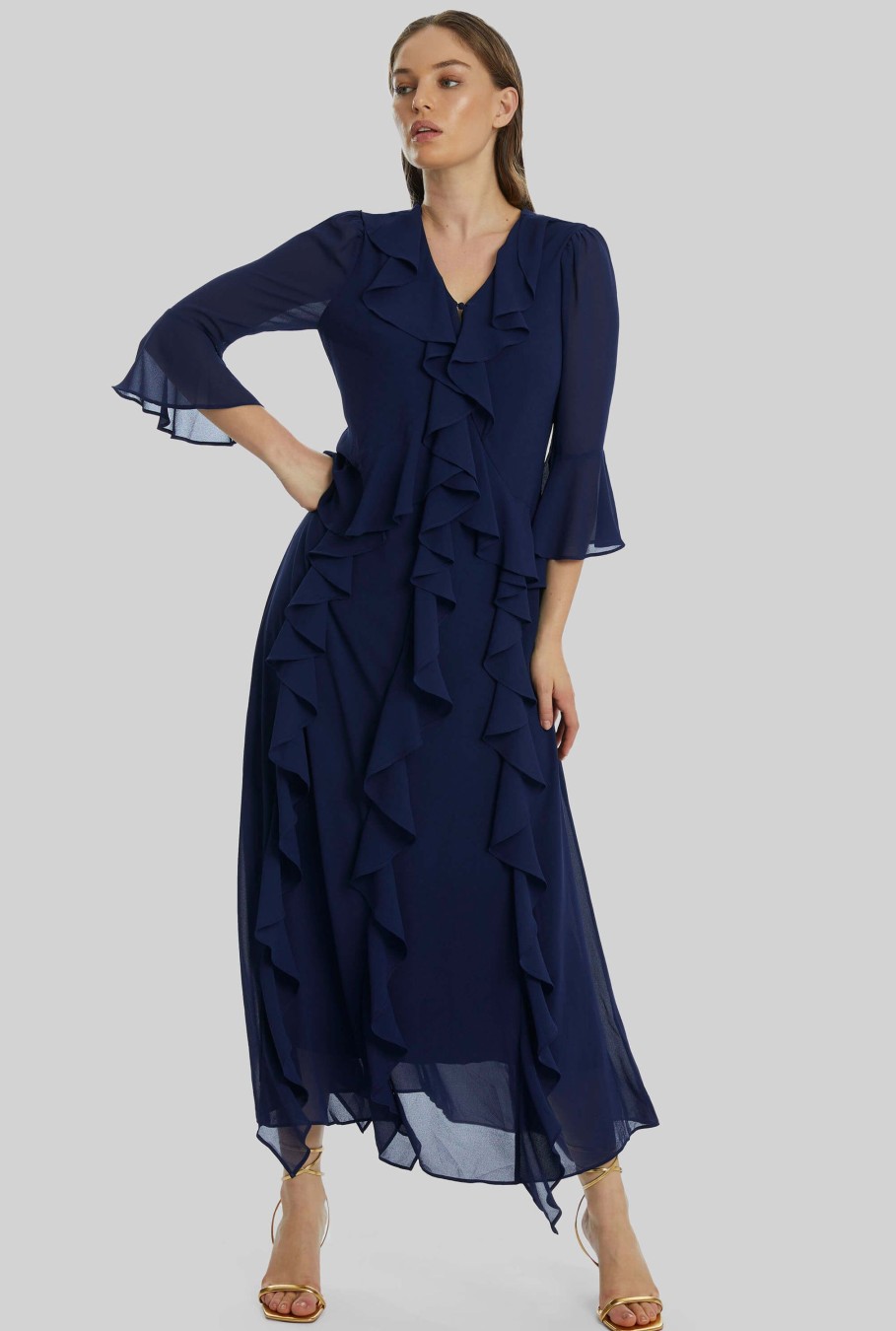 James Lakeland Dresses | V-Neck Chiffon Ruffle Dress In Navy