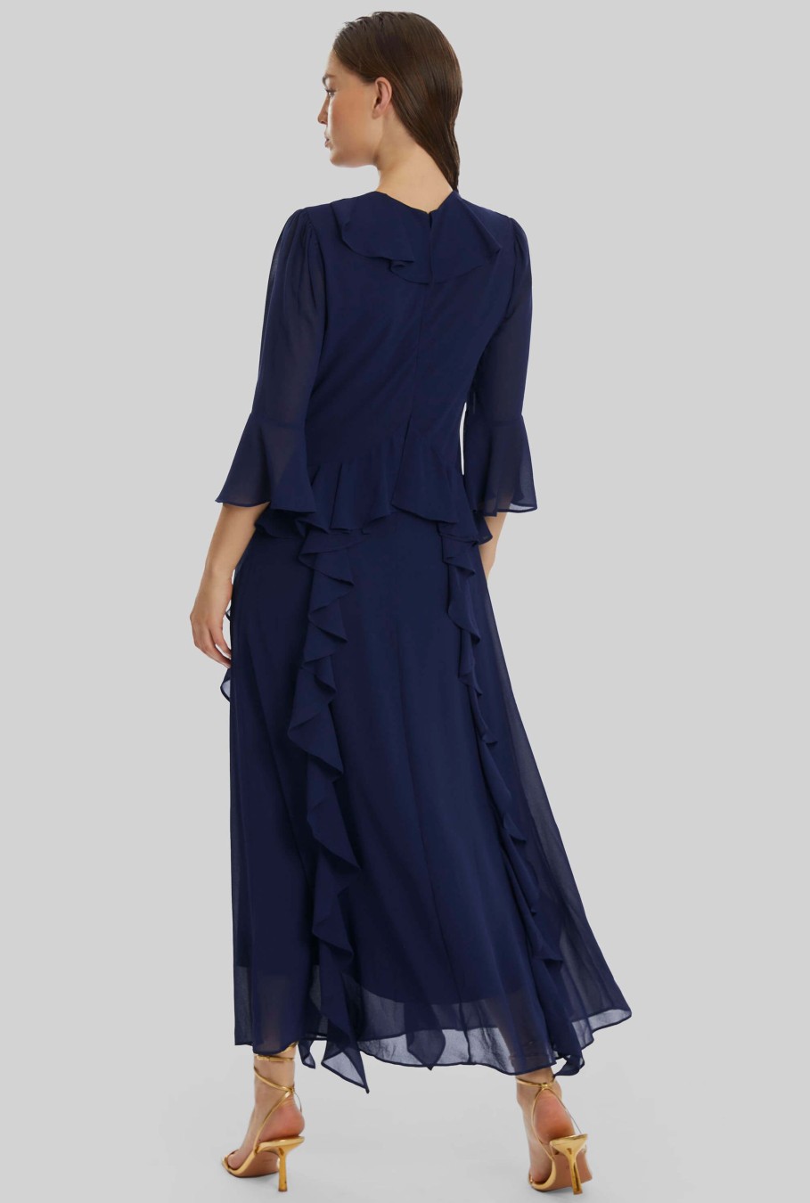 James Lakeland Dresses | V-Neck Chiffon Ruffle Dress In Navy