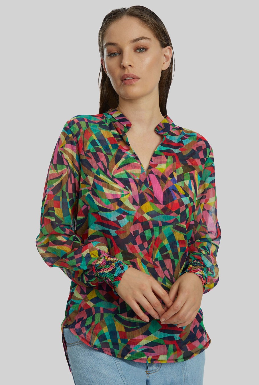 James Lakeland Tops & Knitwear | Abstract Print Mandarin Collar Blouse