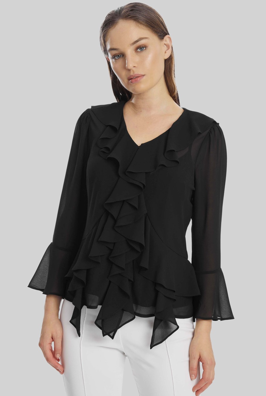 James Lakeland Tops & Knitwear | V-Neck Chiffon Ruffle Blouse In Black