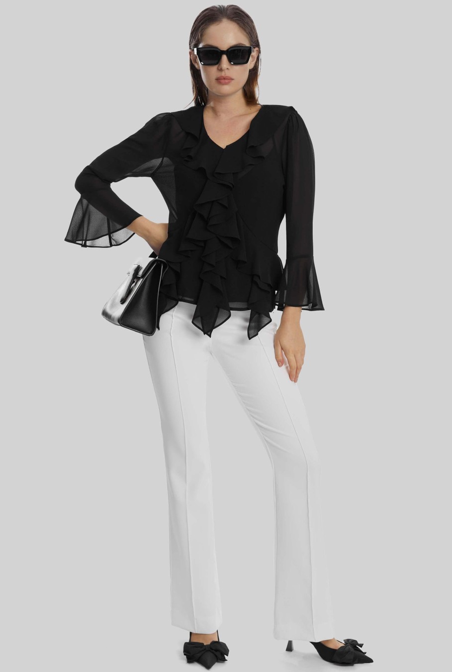 James Lakeland Tops & Knitwear | V-Neck Chiffon Ruffle Blouse In Black